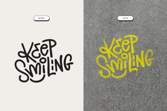 Before and after transformation mockup showing Keep Smiling text design as flat graphic and as realistic graffiti on a concrete wall for urban fonts presentation.